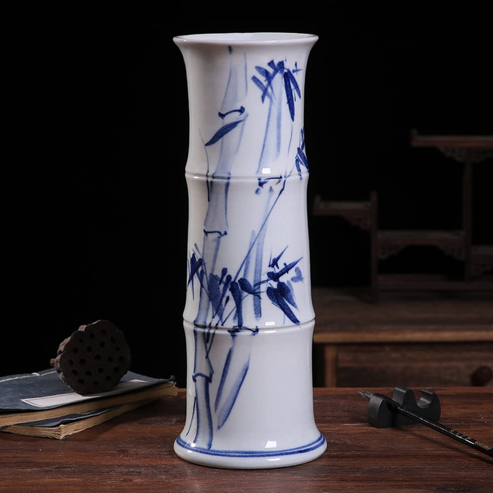 asdchZen Jingdezhen Hand-Painted Chinoiserie Wealthy Bamboo Ceramic Vase Flower Arrangement Decoration Living Room Straight Tube Hydroponic Flower Arrangement,A