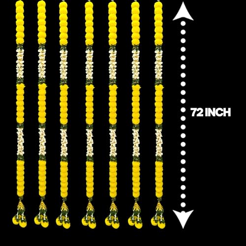 Image of iHandikart Pack of 2 Artificial Yellow Marigold Flower Garlands with White Jasmine Leaves (72 Inch) - Extra Long Decorative Floral Strings for Pooja, Temple, Wedding Backdrop, Diwali, Haldi & Mehandi