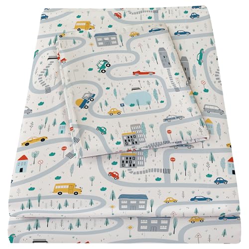 Image of Bedmoon Boys Twin Sheets, Kids Car Truck Soft Microfiber Twin Sheets & Pillowcases with Elastic Corner Straps, White