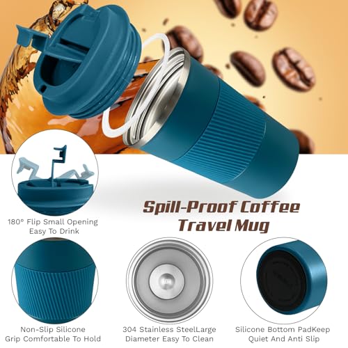 Image of Vacuum Insulated Stainless Steel Travel Coffee Mug, Leak Proof Cup with Lid | 304 stainless steel mug with vacuum insulation, leak proof lid, silicone grip and car cup holder friendly design