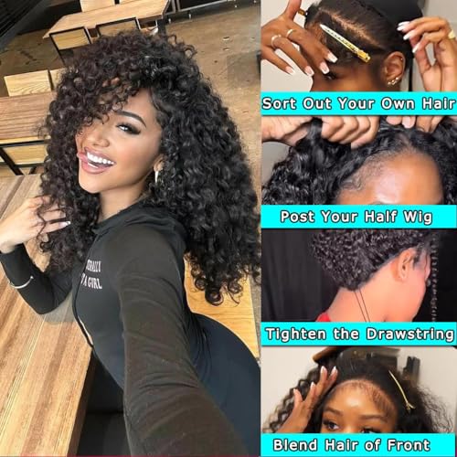 Image of Srakuw Half Wig Human Hair 200 Density Water Wave Wear Go Glueless Wigs Human Hair with Drawstring 3 In 1 Half Wigs for Women Invisible Hairline Beginner Friendly (Half Wig Black Color, 22 Inch)