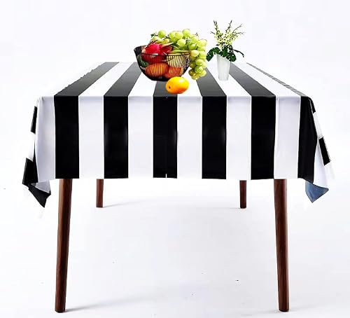 1Pcs Black And White Striped Tablecloth Plastic Waterproof Stripe Table Cover 54" X 108"Geometric Striped Table Covers For Dining/Camping/Picnic Black And White Birthday Party Supplies Decorations #TOP4
