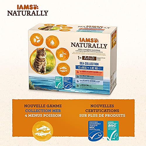 IAMS Naturally Katzenfutter Nass in Sauce - hochwertiges Nassfutter mit Fisch für erwachsene Katzen, Sea Collection, 12 x 85 g