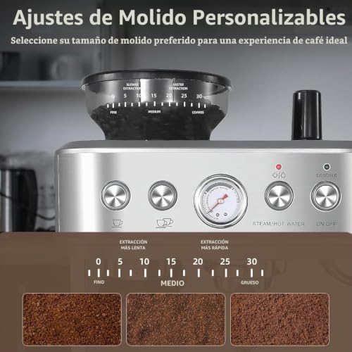 Miniatura 6 de Garvee Cafetera Italiana Automática con Molinillo Integrado – 15 Bares y Control PID – Espresso Profesional en Casa con Boquilla de Vapor, Depósito 2,3L, Acero Inoxidable, Plateado
