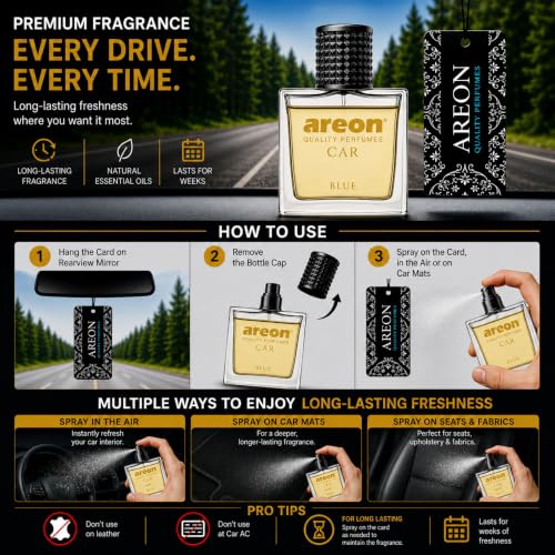Image of AREON Car Perfume 1.7 Fl Oz. (50ml) Glass Bottle Cologne Air Freshener for Cars, Blue
