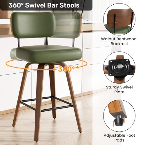 Image of Swivel Bar Stools Set of 5, 26 inch Upholstered Faux Leather Counter Height Barstools with Walnut Back & Bentwood Legs, Mid Century Modern Bar Chairs Island Stools for Kitchen Counter, Green