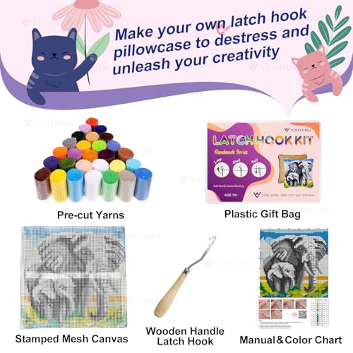 Image of veirousa Elephant Latch Hook Kits for Adults, Beginners DIY Hooked Pillow Kit Pre-Printed Pillowcase Hook and Latch Rug Kits Cross-Stitch Cushion Cover for Home Sofa Decoration 17x17 inch