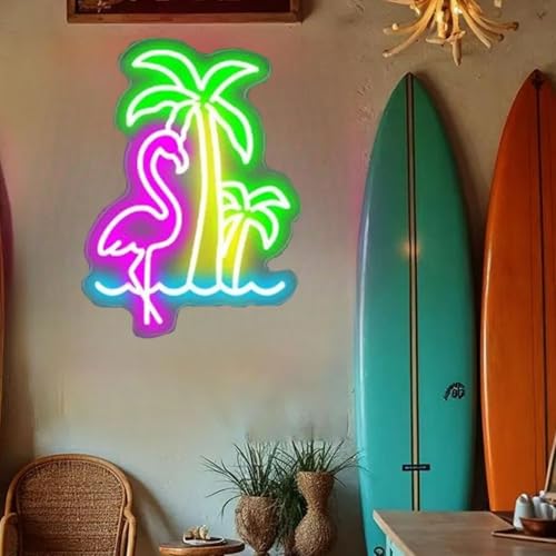 Image of Hello Summer Neon Sign Waterproof Flamingo Palm Tree Signs, Outdoor Oasis Sign, Pool Bar Decor, Poolside Paradise Sign, Tropical Neon Sign, Flamingo Decor