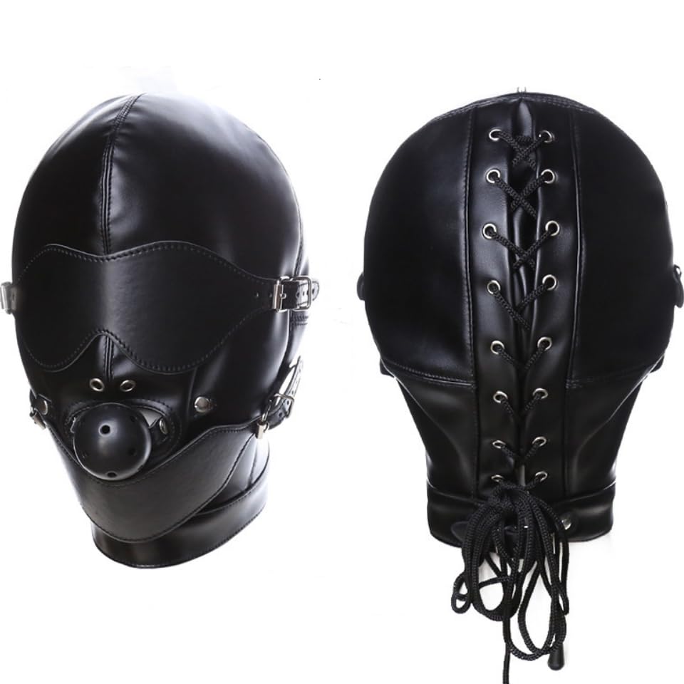 HKSICHENGKEJIUK PU Leather Face Mask with Detachable Mouth Eye Cover for Men Women Adjustable Full Head Hood for Halloween Costume Party Punk Masquerade Prop Breathable Eye Mask for Roleplay