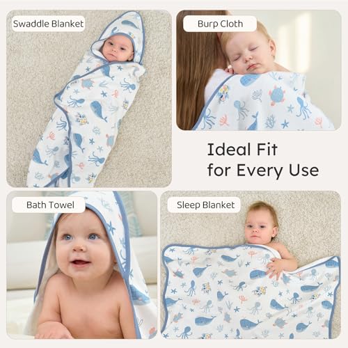 Image of Hooded Baby Towels for Newborn,100% Cotton Baby Bath Towels with Hood for Infant Toddler Boy Girl, 2 Pack 32x32 Inch Soft & Absorbent Knit Terry Bath Essentials Blue Whale