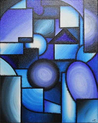 Peinture cubique bleue de 40x50 cm, une œuvre d'art contemporain moderne d'exception