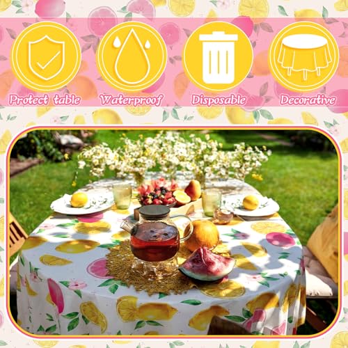 Image of Ganeen 6 Pcs Lemon Plastic Tablecloth 84 Inch Pink Lemon Round Tablecloths Summer Theme Birthday Decor Disposable Plastic Round Waterproof Table Covers for Holiday Wedding Tea Decoration Party Favor