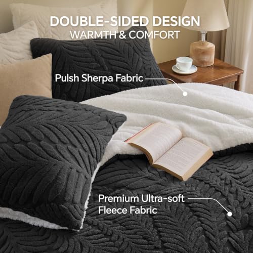 Image of BEDELITE Fluffy Sherpa King Comforter Set,Leaf-Black