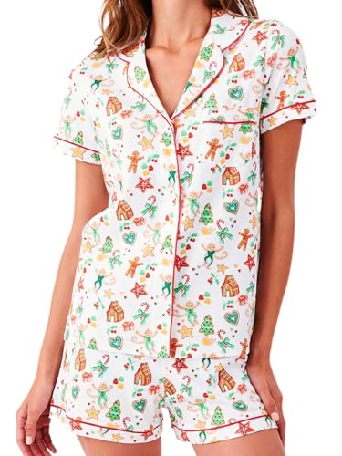 HINFEL Women Y2k Preppy Pajamas Set Button Down Monkey Vaction Sleepwear Loungewear Pjs for Jammies Party Christmas Thanksgiving Gift(Gingerbread, Small)