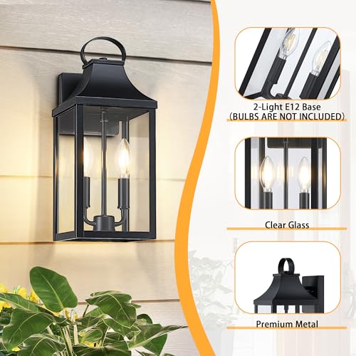 Image of 15 inch Black Outdoor Wall Lantern 2-Light, Outside Wall Sconce Light | Industrial Porch Light Wall Mount with E12 Sockets, Waterproof Modern Exterior Lamp Lighting, Black (No Sensor)