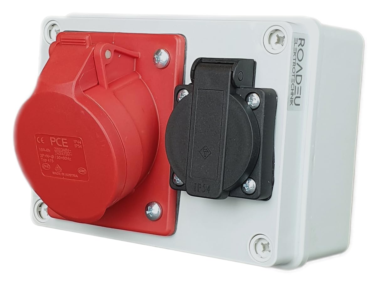 RoadEu - Wall Combination Socket with CEE Outlet 16A 3P+N+E and Receptaple 13A 250V - Waterproof Power Distribution Box - IP44 - Power Distributor - Easy Mounting Solution