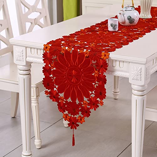 Chemin de table rouge cuisine moderne nappe broderie vintage creux décoration fête 176cm