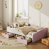 Merax Full Size Upholstered Daybed Frame with 2 Storage Drawers, Corduroy and Velvet Daybed with Guardrail and Storage Shelf, Full Daybed with Wooden Slats, No Box Spring Needed, Pink