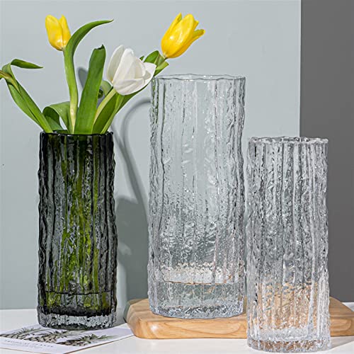 Vase en verre transparent effet glacier sur une table à thé de salon