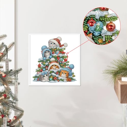 Image of 5D Special Shape Diamond Art Kits for Beginners, Diamond Art Painting Kits for Adults, Crystal Rhinestones Diamond Painting for Home Wall Christmas Decoration Gift 12x12 inch, Christmas Tree and Cats