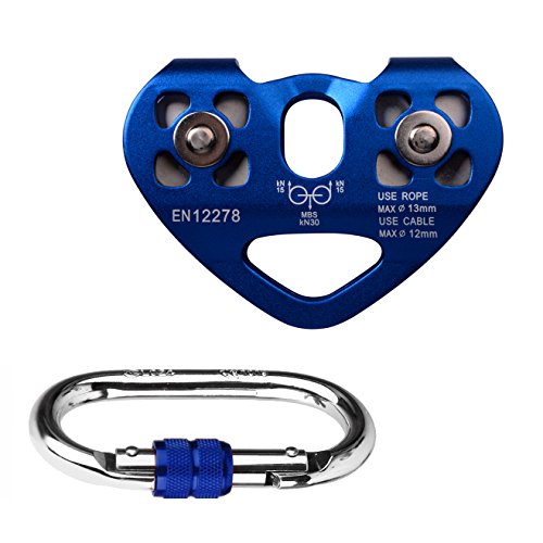 pasway Tandem Speed Dual Pulley Zip Line Trolley 30KN with Climbing Mountaineering Buckle Carabiner (B - Blue)
