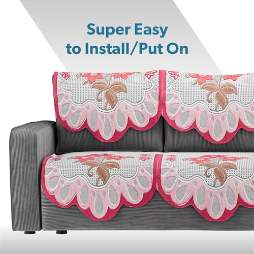 Image of Kuber Industries (Set of 6) Stylish & Durable Cotton Sofa Covers 2+1 Seater | Washable Sofa Protector /Mat & Slipcover for Living Room & Office | Painting Design-White & Pink