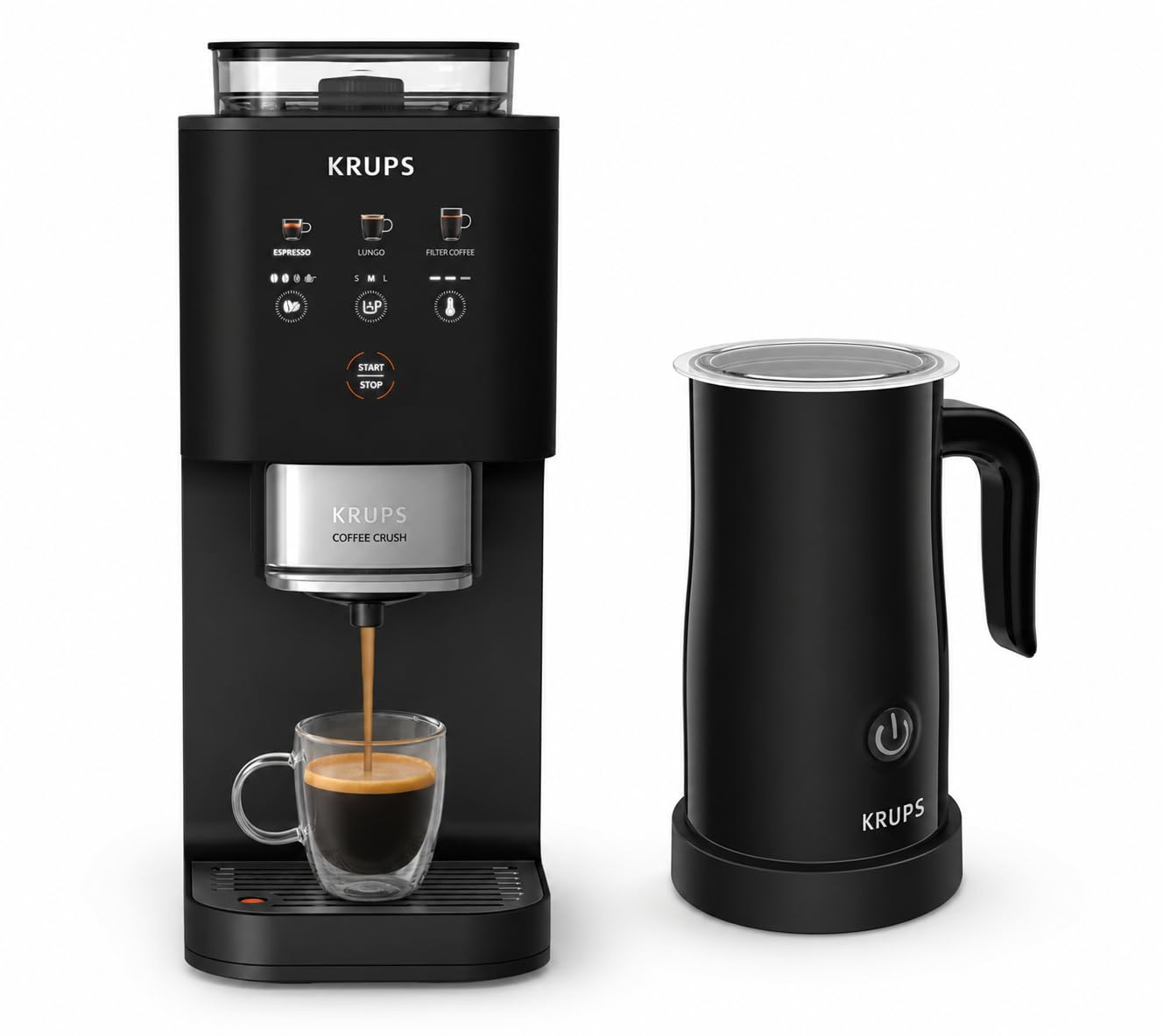 KRUPS Kaffeevollautomat Coffee Crush SA4028E0 mit elektrischem Milchaufschäumer XL1008 – Edelstahlmahlwerk, 15 cm schmal, Frisch- & Pulverkaffee, 150 ml Milchschaum, Schwarz