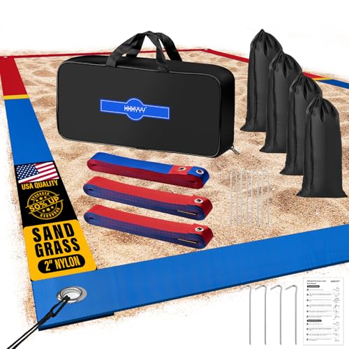 XXXYYY Upgraded Professional Beach Volleyball Lines for Sand 2 inch, Better Visible, Upgraded Weather Resistance, Stainless Anchors & Sand Bags, Standard 26.3' X 52.6' - Patriotic Red Blue