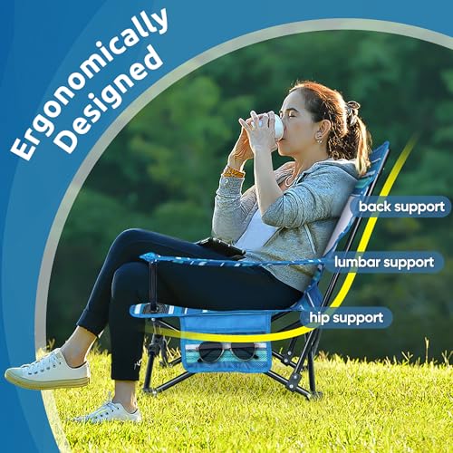 Image of HaSteeL Folding Beach Chair Set of 2, Foldable Striped Camping Chairs for Outside, Low Beach Chair Portable for Adults Fishing, Picnic, Outdoor BBQ, Travel, Sports, Cup Holder & Storage Bag
