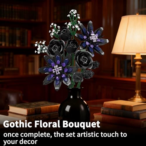 Image of Flower Bouquet Building Set, 12 Gothic Black Rose and Lotus Botanical Collection Building Block Toy Compatible with Lego Flowers for Adults Women Home Decor, Gift for Valentine, Mother's Day