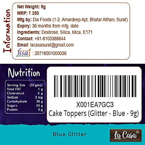 Image of La Casa Premium Edible Glitter - Blue | Metallic Glitter Ideal for Cake Icing Decoration & Garnishing | 9gm |