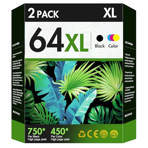 VOREDO 64XL Ink Cartridge Combo Pack Replacement for HP Ink 64 High Yield for Envy Photo 7858 7855 7155 6255 6252 7120 7158 Envy 7255e 7955e 7958e Tango X Printer Remanufactured (1 Black, 1 Tri-Color)