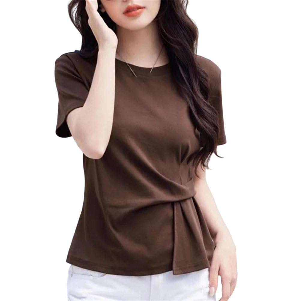 Camiseta de verano para mujer, cuello redondo, manga corta, ajustada, tela suave, básica, elegante, para uso diario