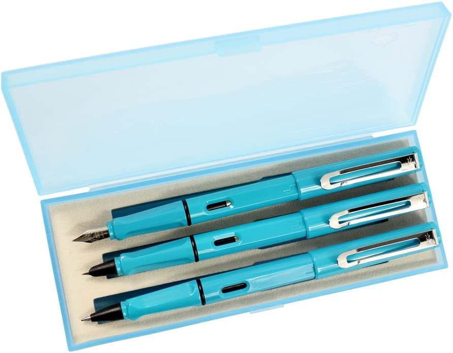 Stifte, Gelschreiber, Kugelschreiber, 3 Stück Kunststoffstifte, 1 Stück Füllfederhalter, 1 Stück feine Feder und 1 Stück Tintenroller mit Stiftbox – Gelb (Farbe: Himmelblau)