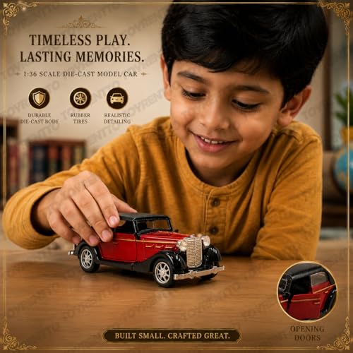 Image of 1:36 Scale Vintage Classic Toy Car Pull Back Action Die Cast Metal Model Car Red Black Retro Collectible Vehicle with Opening Doors for Kids Boys Girls Gift