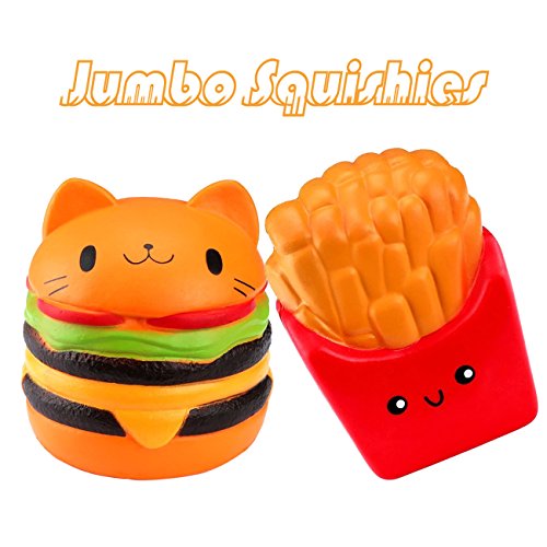 Jumbo squishies Pack 2 Unidades Jumbo  (Cat Hamburguesas+ Papas Fritas), Lento Aumento del Stress Juguetes para Adultos  tamaño pequeño Regalo decoración