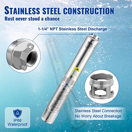 vevor deep well submersible pump 1hp 115v60hz 37gpm flow 207ft head with 33ft electric cord 434 stainless steel water pump for industrial irrigationamphome use ip68 waterproof grade