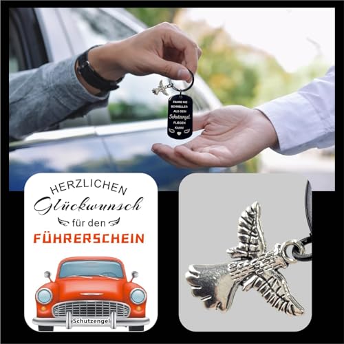 YDUNARISE Führerschein Bestanden Geschenk,Auto Schlüsselanhänger Schutzengel,“Fahre nie schneller, als dein Schutzengel fliegen kann! mit schöner Karte und Geschenkbox (A, Schwarz)