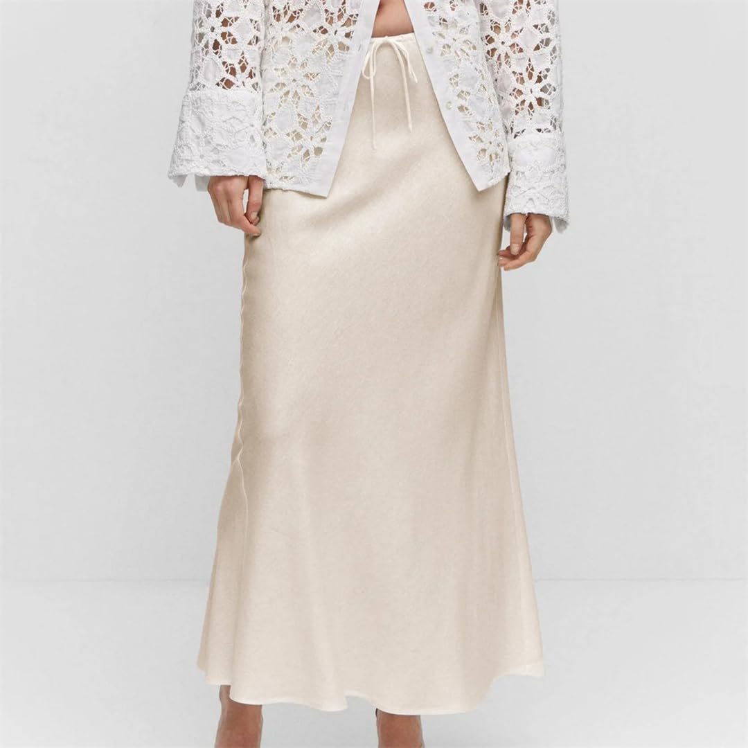 Jupe en satin solide pour femme - Taille haute - Cordon de serrage - Ourlet évasé - Jupe légère