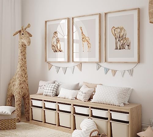 Mum and baby Safari nursery prints for bedroom wall set of 3 elephant, giraffe, monkey, multi, A4 - Image 2
