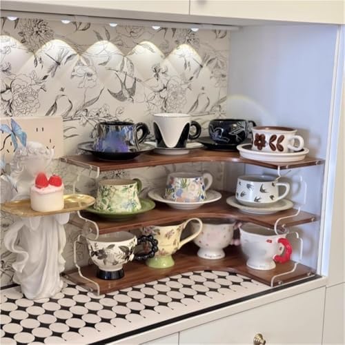 Large Multi-Tier Acrylic Mug Rack - Corner Storage Shelf & Plate Holder for Kitchen, Living Room, Bedroom - Stylish Cup Display Organizer (Black)