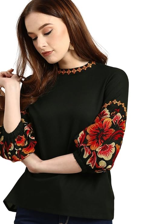 tqc Women's Floral Print Embroidered Mandarin Collar Bishop Sleeve Top-picture-46