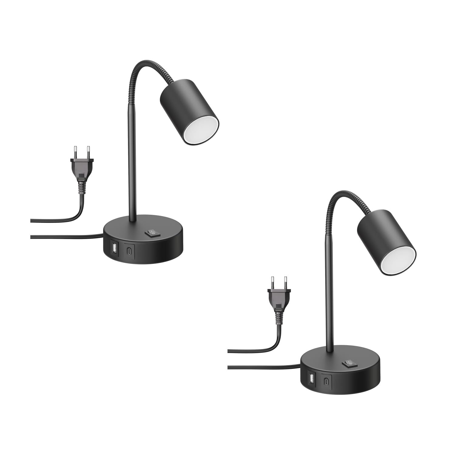 ledscom.de 2 Stück Tischleuchte WAIKA, schwarz, USB-A, USB-C, inkl. GU10 LED Lampe (3-Stufen-Dimmer, weiß, 6,1W, 609lm)