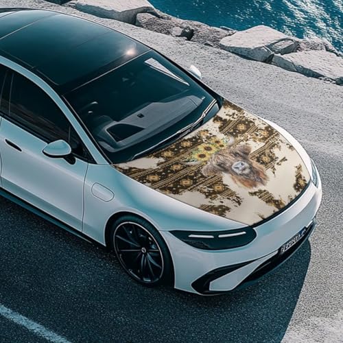 Image of 3.3x5 Ft Sunflower Cow Print Car Hood Cover Polyester Stretch Fabric Car Hood Covers Universal Auto Accessories Suitable Most Automotive Sedans Trucks Pickup SUVs