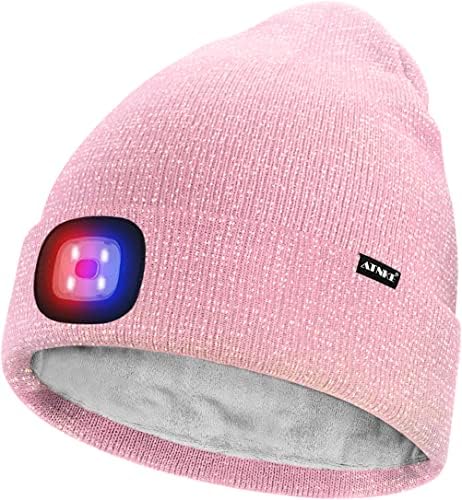 ATNKE Unisex LED Lighted Beanie Hat,USB Rechargeable 4 LED Red and Blue Glow Flashing Running Headlamp Ultra Bright Cap with Head Torch Winter Warm Lined Fleece Gifts for Men and Women