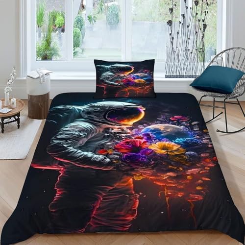 Housse de couette astronaute fleurs parure de lit 135x200 - 3