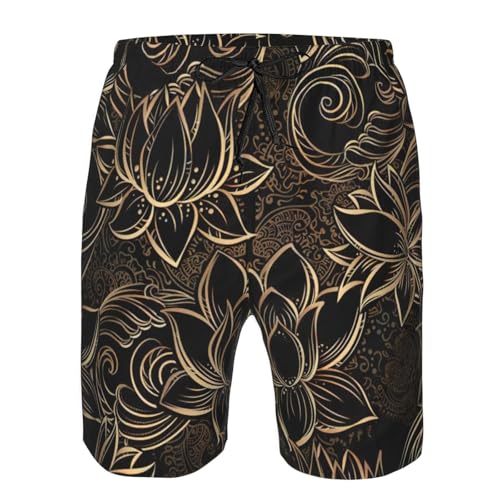 Boho Gold Lotus Flowers Print Men's Beach Shorts Hawaiian Swim Trunks Quick Dry Summer Sports Bathing Suits4