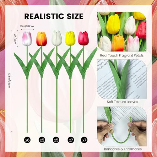 30 PCS Artificial Tulips Real Touch Tulips 35cm/13.5inch Long Stem Fake Flowers Silk Flowers for Spring Easter Mother's Day Decorations (MixedColor) image 2