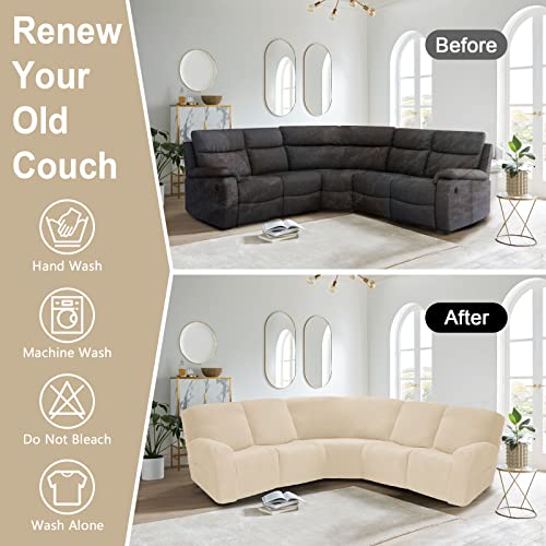 Okyuk 7-Piece Sectional Recliner Couch Covers 4 Seater & 1 Corner Seat, Corner Sofa Cover Soft Stretch Jacquard Reclining Sectional Couch Covers Anti Slip Furniture Protector (Beige) #TOP6