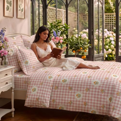 Image of Haus & Kinder Double Bed Bedsheet for Queen Size Bed, Queen Size Bed Sheet with 2 Pillow Covers 90 Inch x 100 Inch | Premium Soft & Silky Pure Cotton 186 TC Double Bedsheet | Floral Gingam